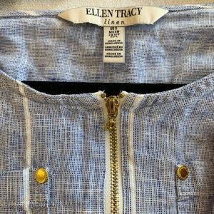 Ellen Tracy 100% Linen Nautical Stripe Blouse Blue White Gold Zip Top S Summer